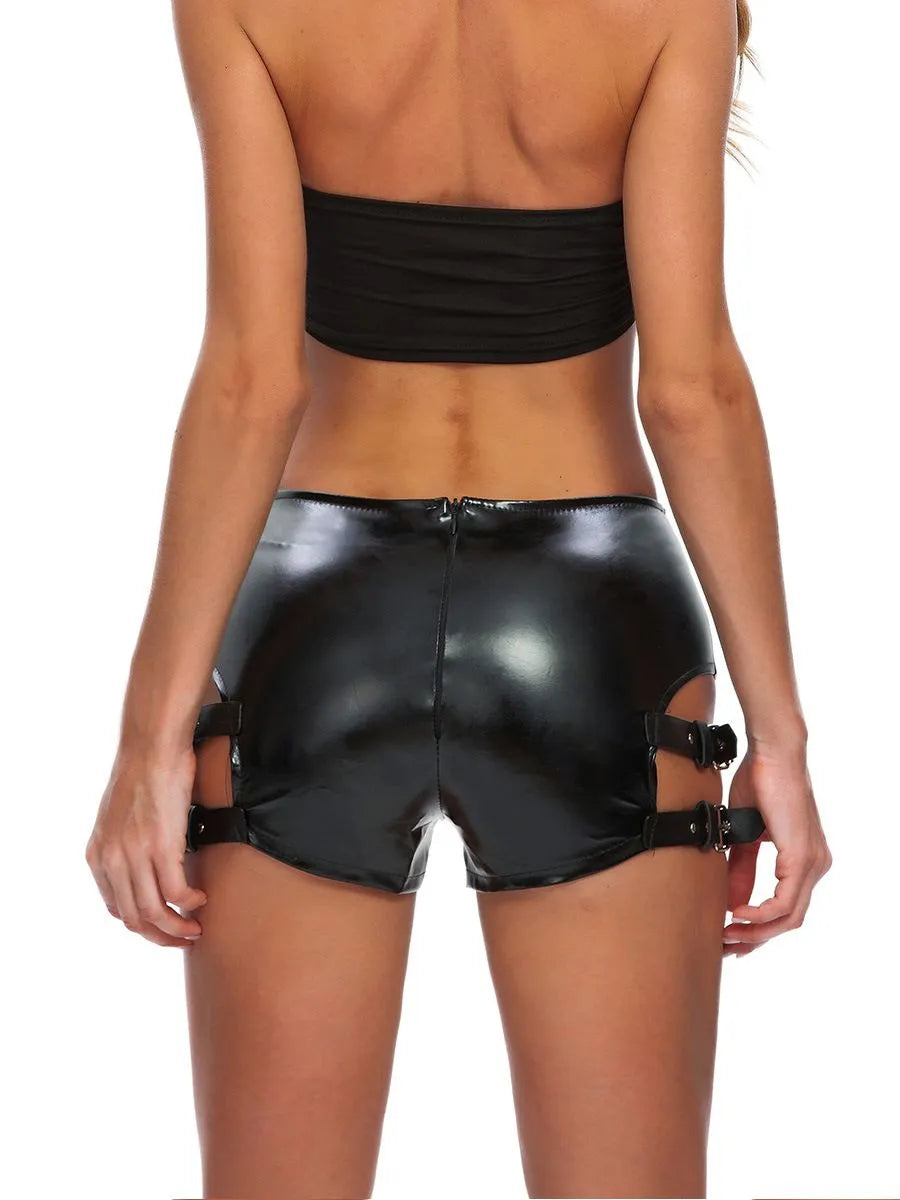 Liza's bondage patent leather shorts