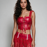 Liska | Ramillete de cuero con falda de encaje – vista frontal – rojo