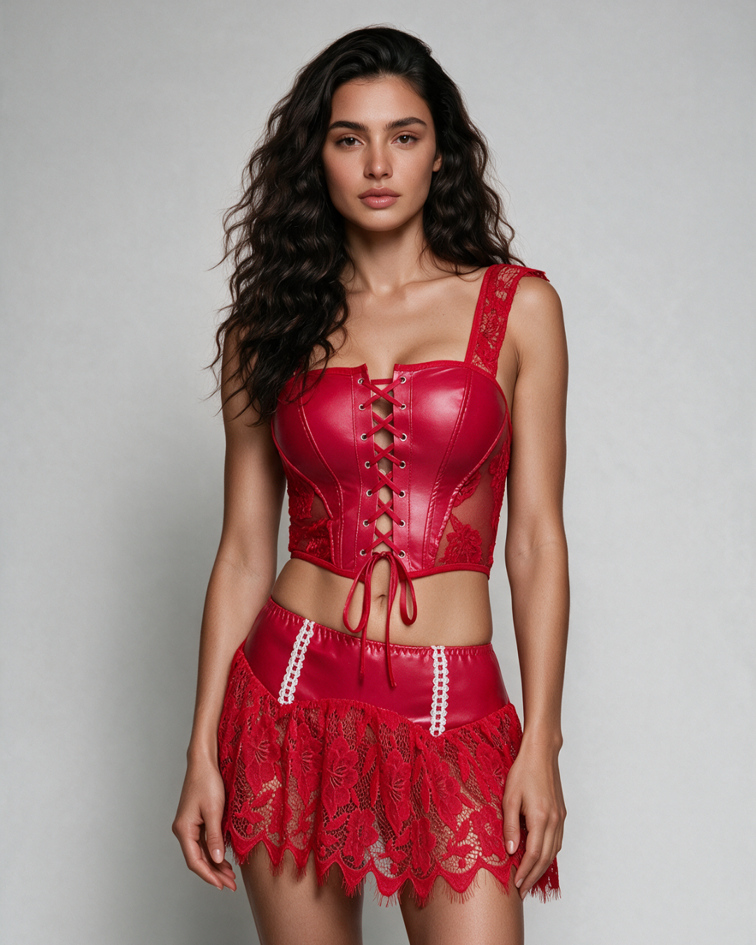 Liska | Ramillete de cuero con falda de encaje – vista frontal – rojo